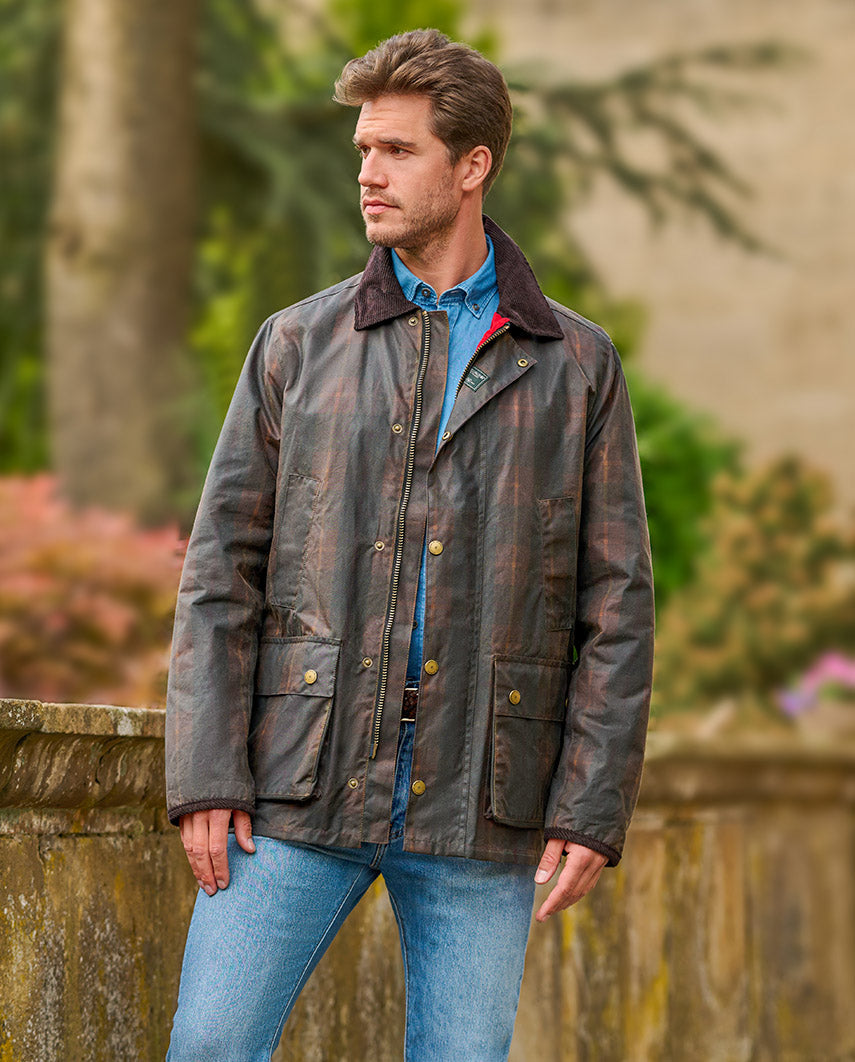 Men's lightweight waxed jacket "Starberg" in classic tartan design