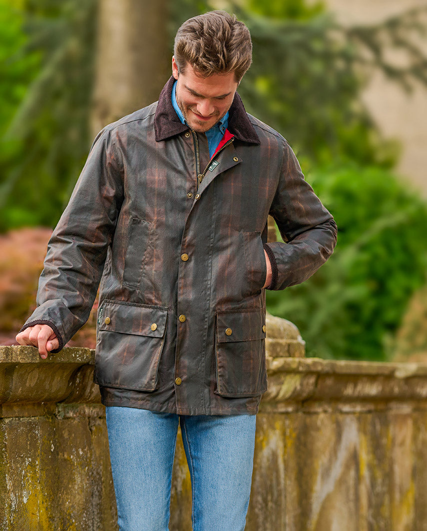 Men's lightweight waxed jacket "Starberg" in classic tartan design