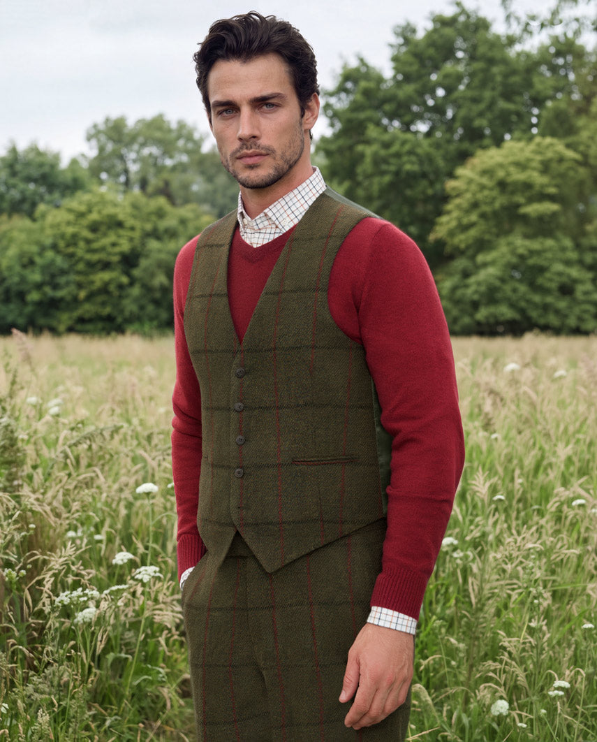 Tailor - Harris Tweed Weste mit Seidenrücken in "Green Overcheck"