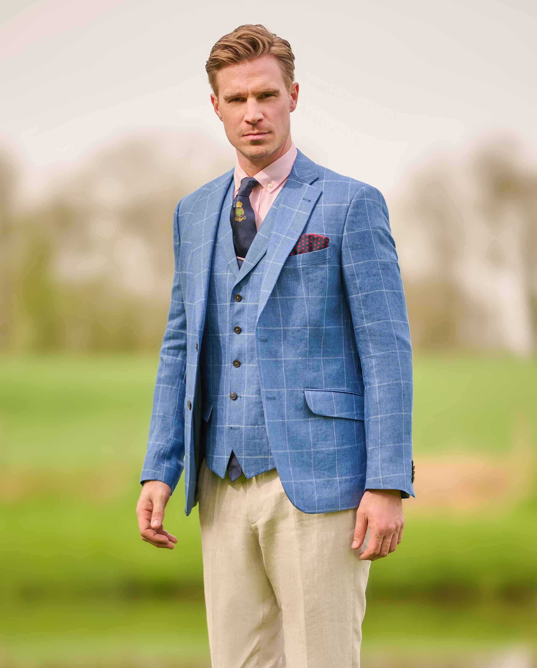 Elegant Men's Linen Blazer "London" in Blue Windowpane Check
