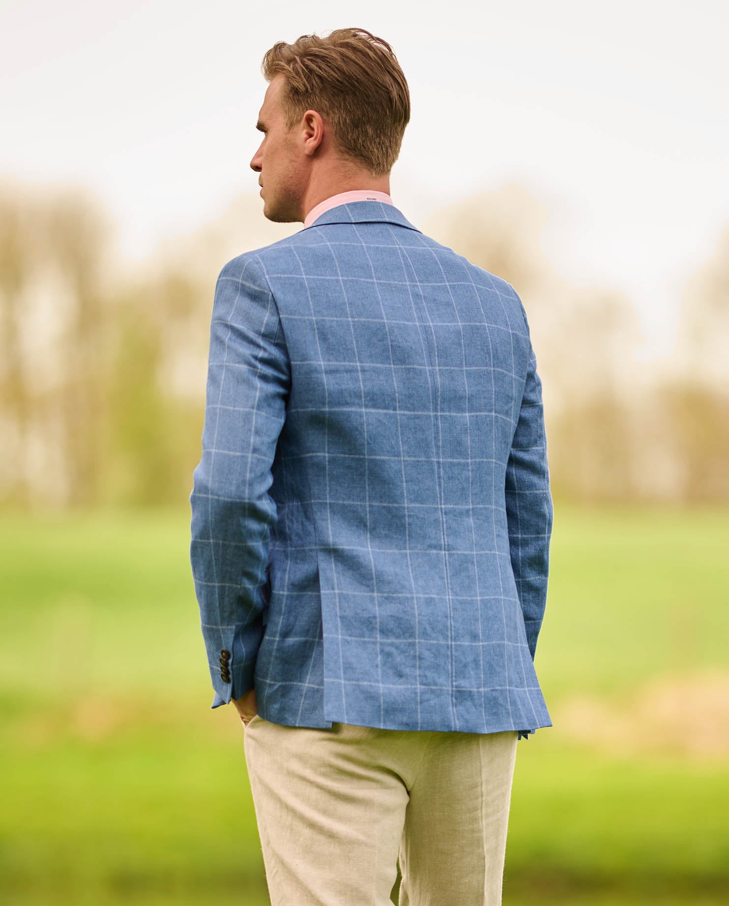 Elegant Men's Linen Blazer "London" in Blue Windowpane Check