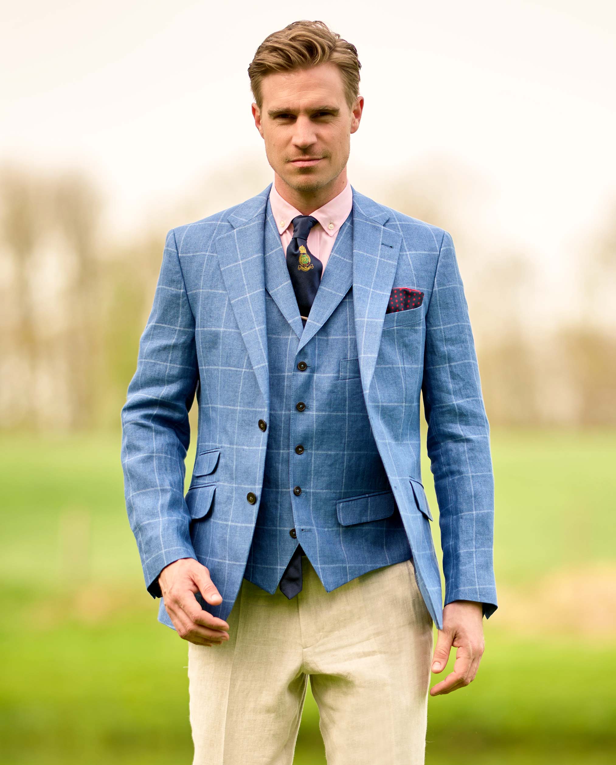 Elegant Men's Linen Blazer "London" in Blue Windowpane Check