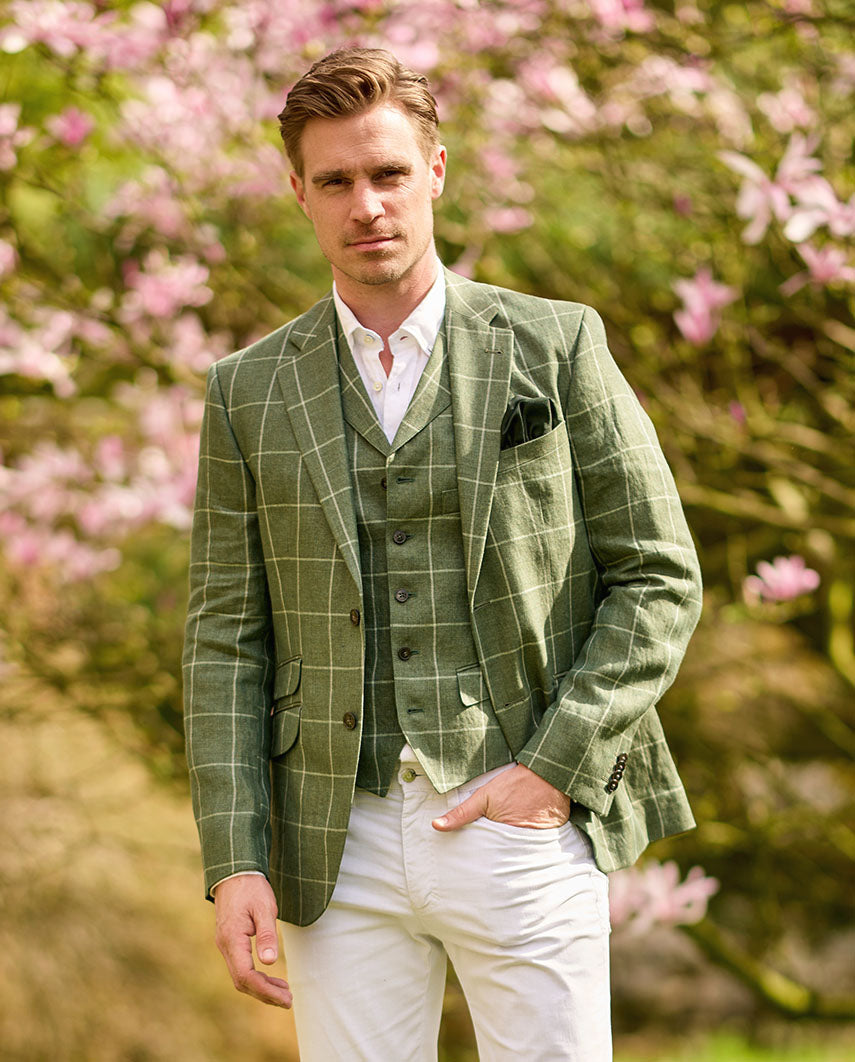 noble men's linen blazer "London" in green windowpane check
