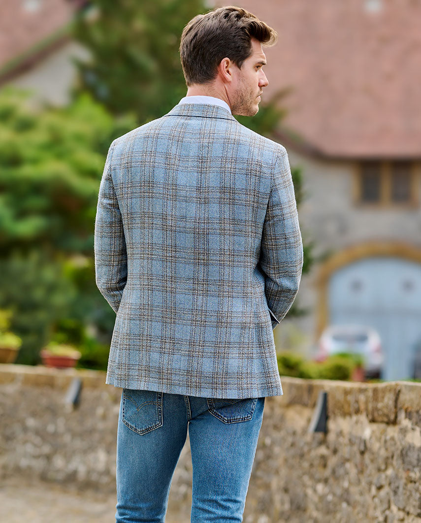 Lightweight summer blazer "London SO" made from virgin wool blend in light blue check