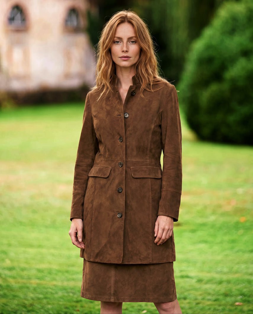 Damen Ledermantel ,,Annie Gehrock'' aus Ziegen-Veloursleder in mud - Wellington of Bilmore