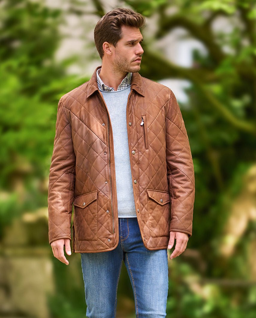 Gesteppte Herren Lederjacke ''Ben'' aus Lammnubuk in tan - Wellington of Bilmore