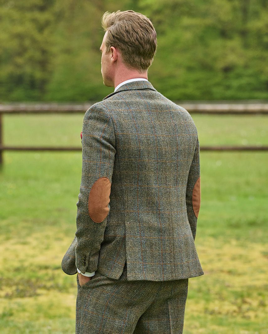 Harris Tweed Sakko ''London'' in oliv - blue Overcheck - Wellington of Bilmore