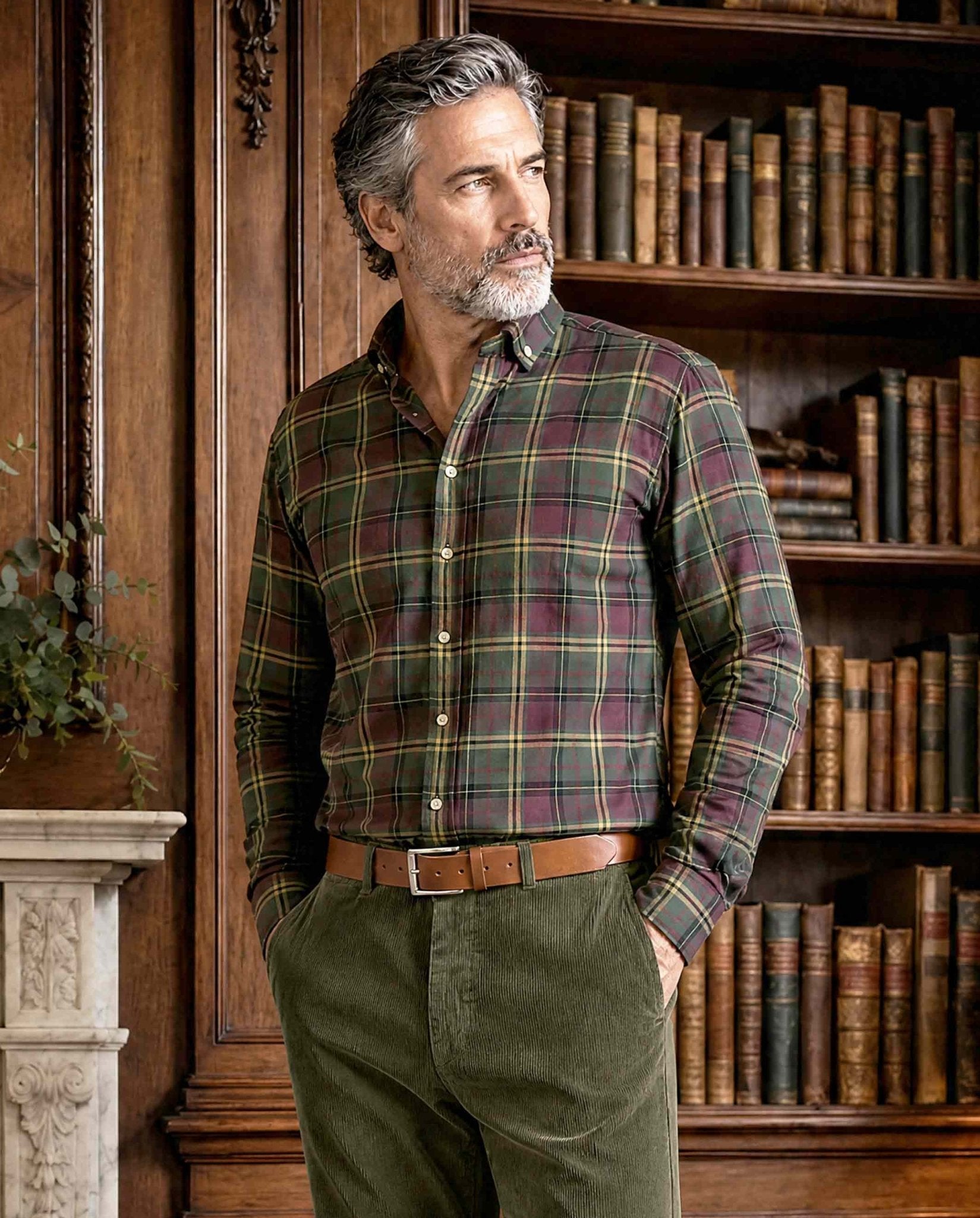 Herrenhemd ‚,Steward'‘ mit Button-Down-Kragen – oliv plum check - Wellington of Bilmore