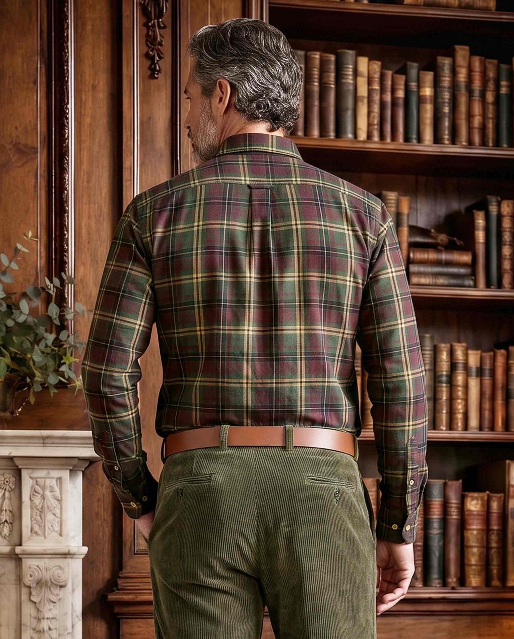 Herrenhemd ‚,Steward'‘ mit Button-Down-Kragen – oliv plum check - Wellington of Bilmore