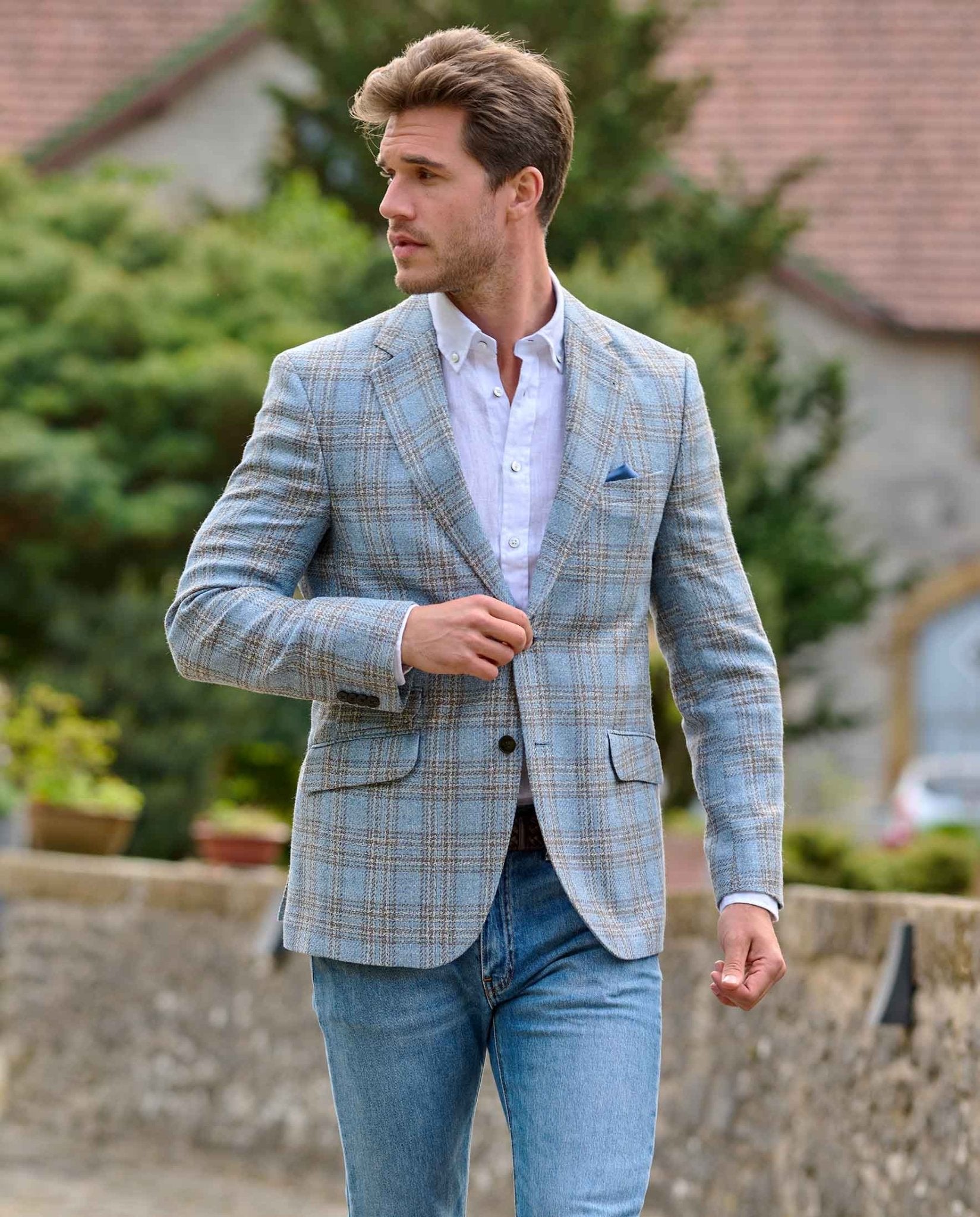 Leichtes Sommersakko ,,London SO'' aus Schurwoll-Mix in light blue check - Wellington of Bilmore