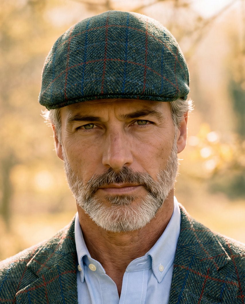 Schiebermütze "Henry Cap" aus original Harris Tweed in royal green Tweed" - Wellington of Bilmore