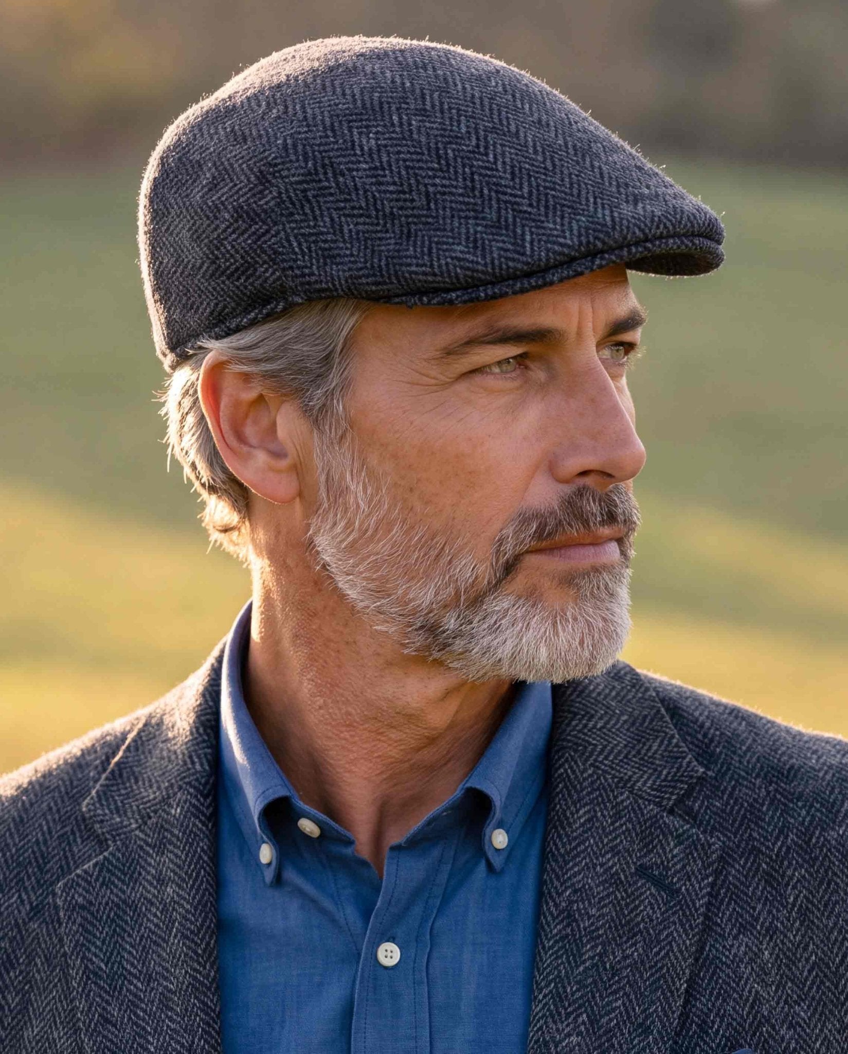 Schiebermütze "Henry Cap" aus Original Harris Tweed – Seastone Navy Herringbone - Wellington of Bilmore