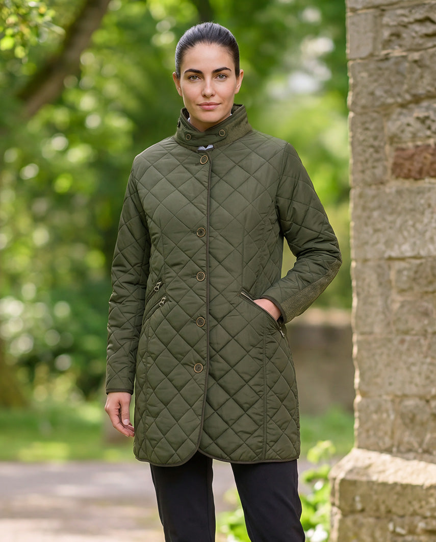 Steppmantel ''Gabby'' mit Tweed Besatz in oliv