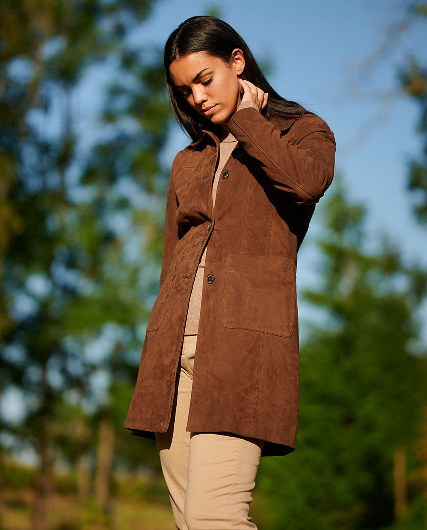 "Lynn" goat suede leather coat in chocolate brown