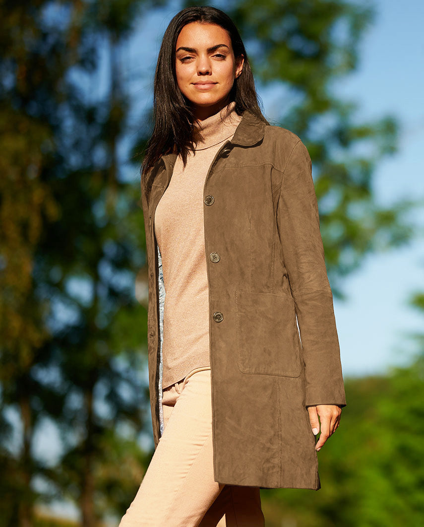 Goat suede leather coat "Lynn" in mud