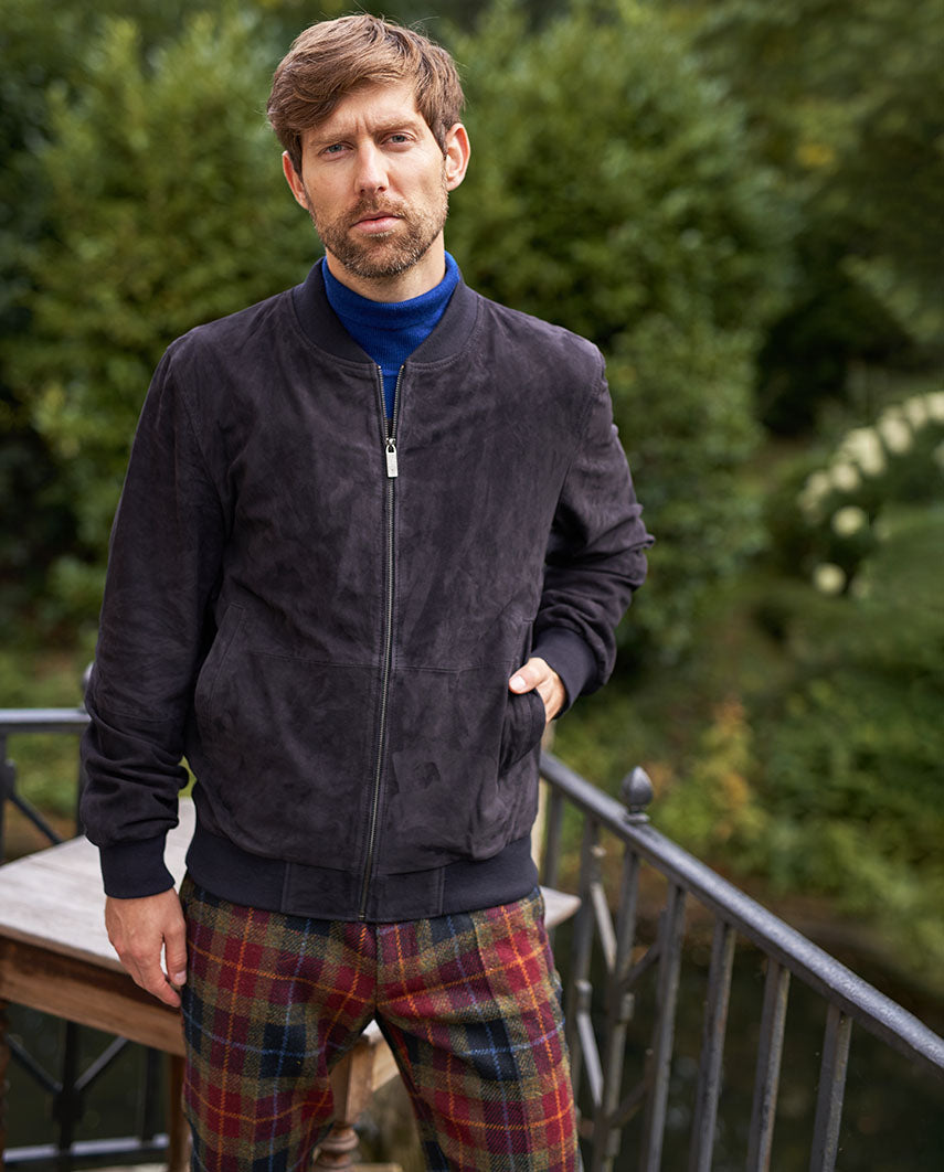 Men's Leather Blouson "Bomber" in navy goatskin suede