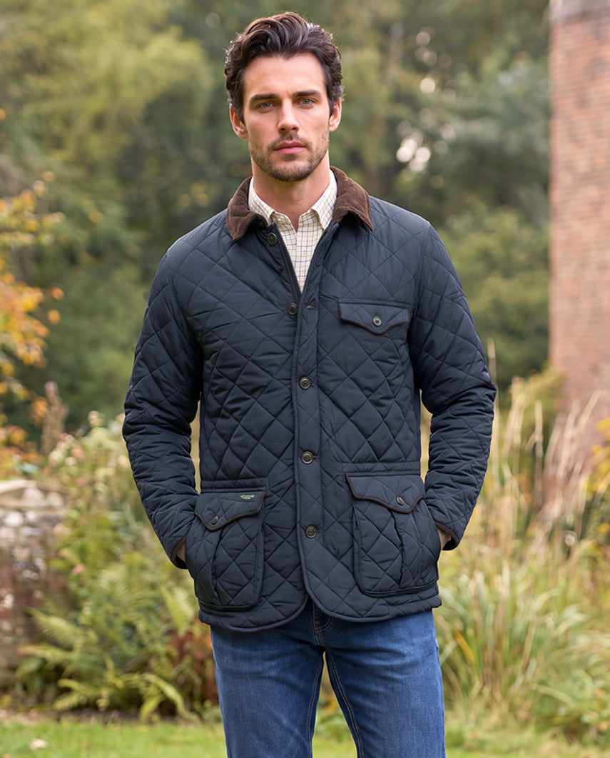Herren Steppjacke ''Boston'' in navy mit Harris Tweed Applikationen