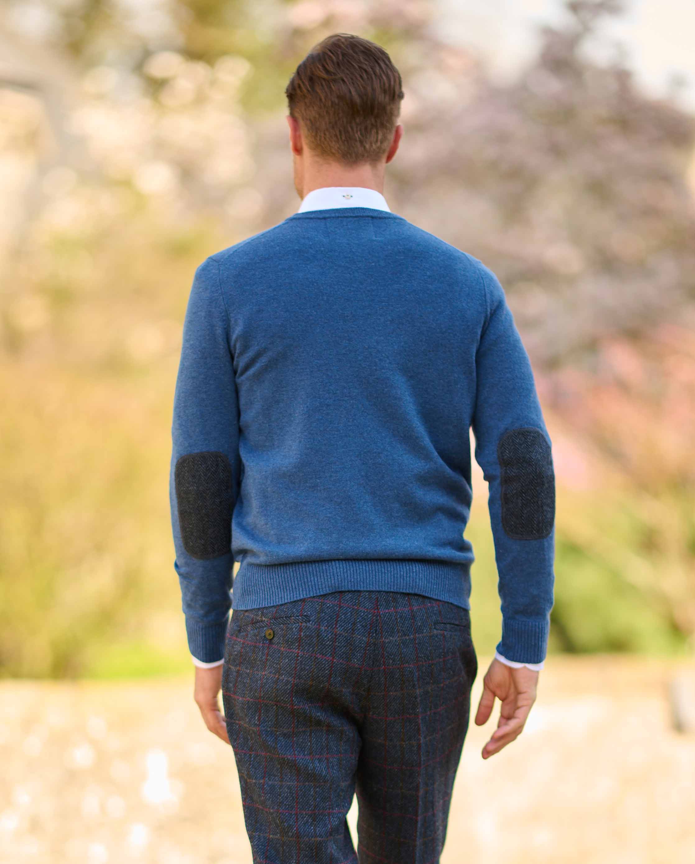 Men's knitted jumper "Jack" in denim blue with Harris Tweed appliqués