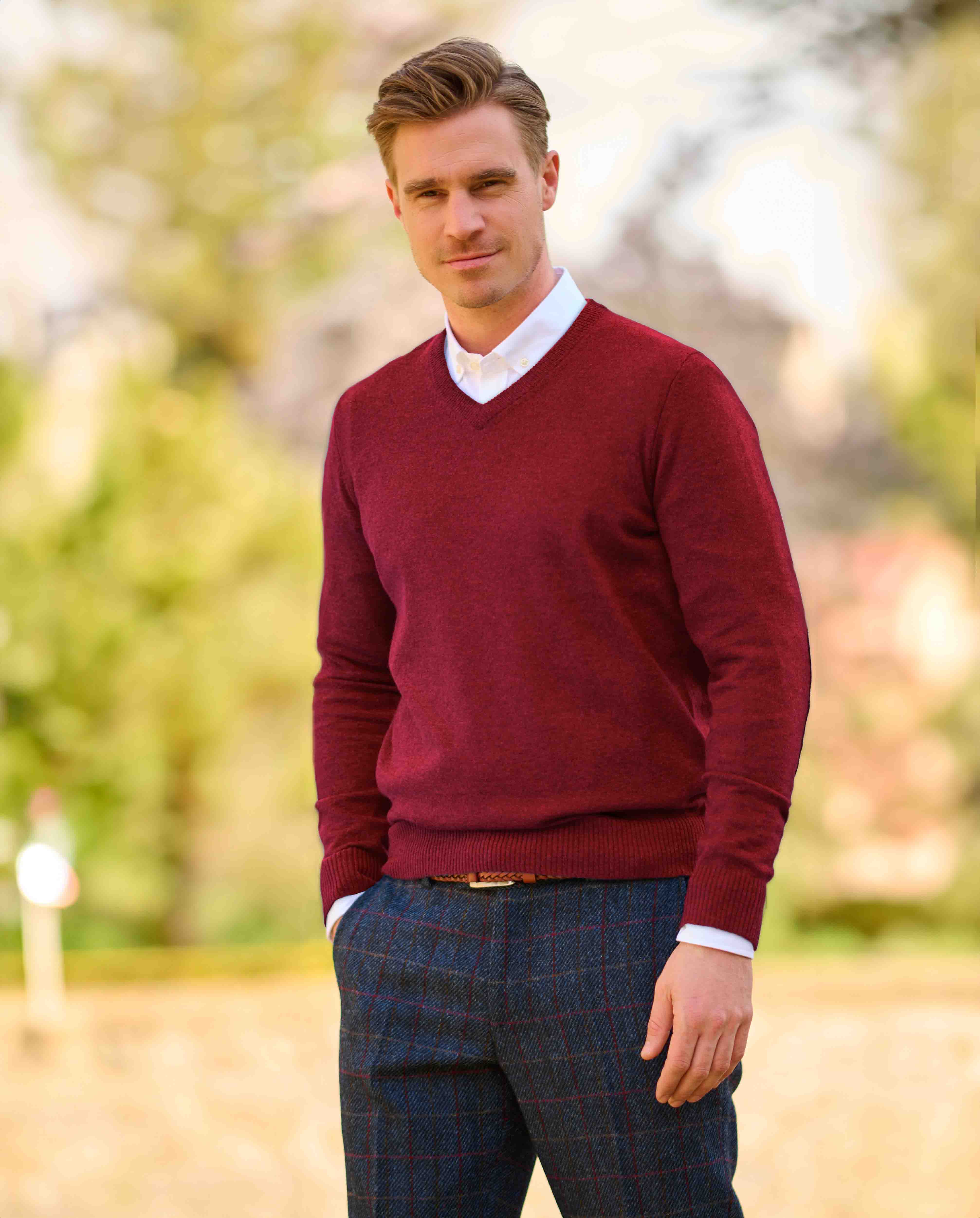 Men's Knitted Sweater "Jack" in Red Dahlia with Harris Tweed Applications