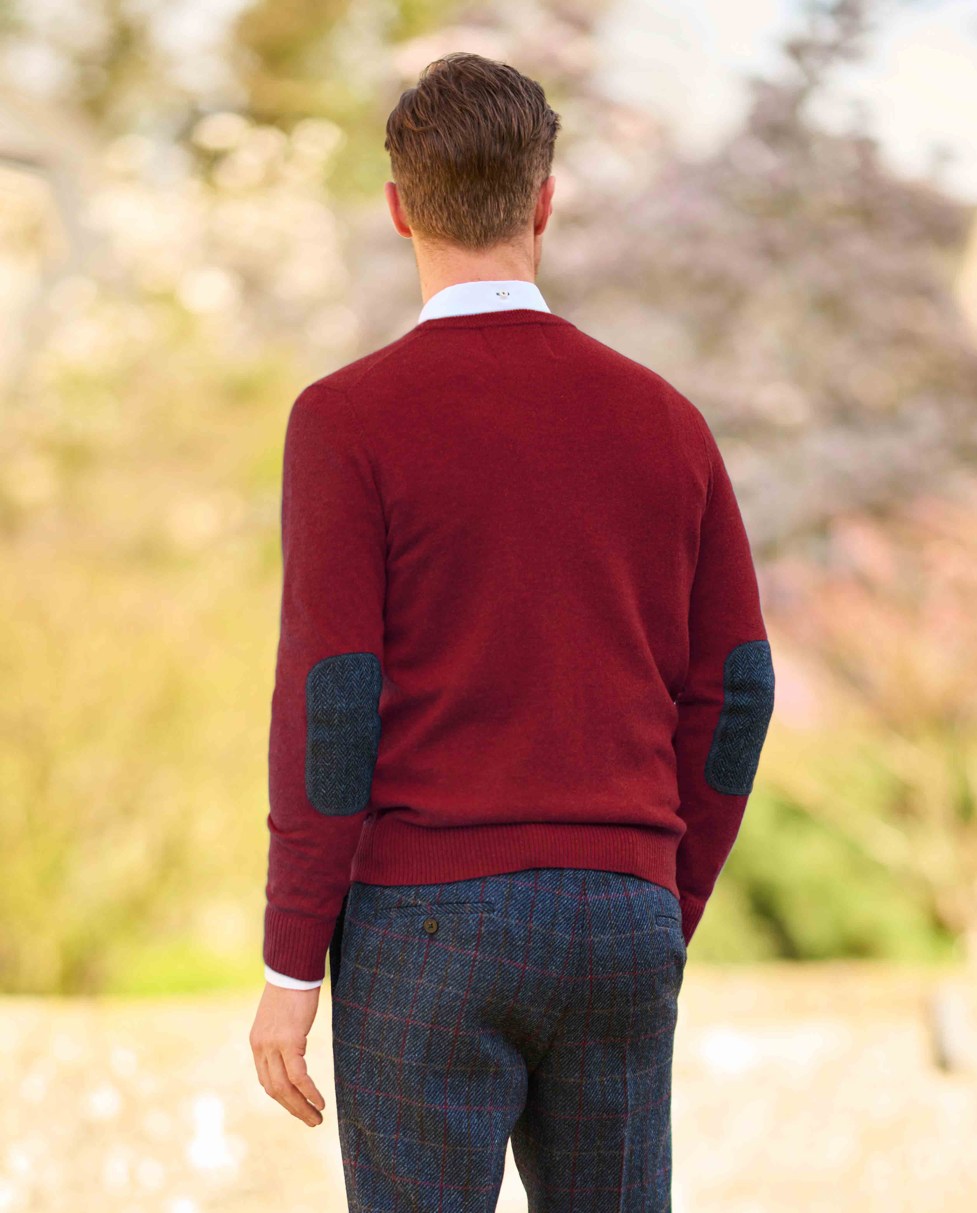Men's Knitted Sweater "Jack" in Red Dahlia with Harris Tweed Applications