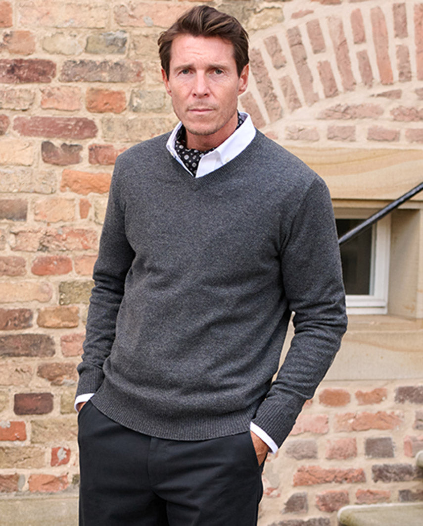 Men's Knitted Jumper ''Jack'' in charcoal with Harris Tweed applications