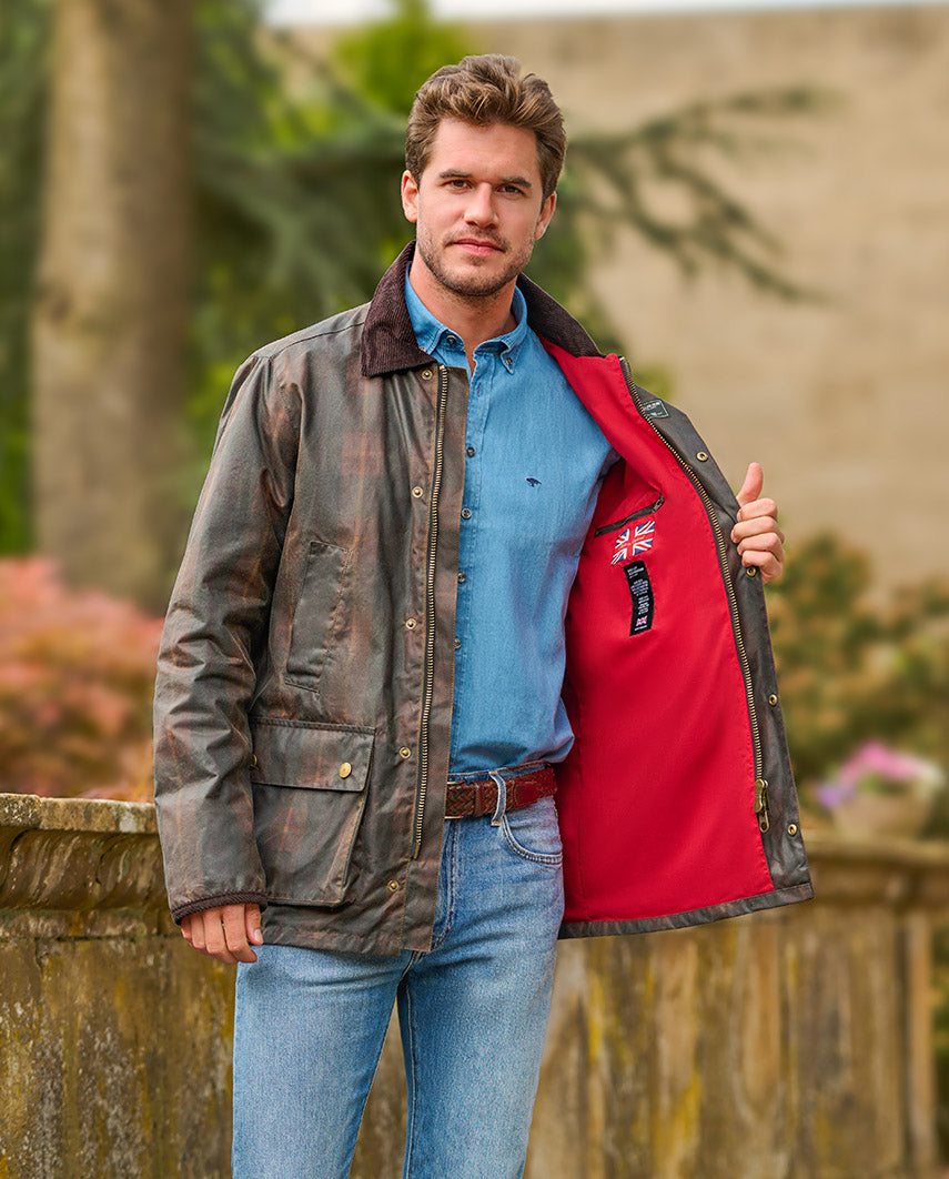 Men's lightweight waxed jacket "Starberg" in classic tartan design