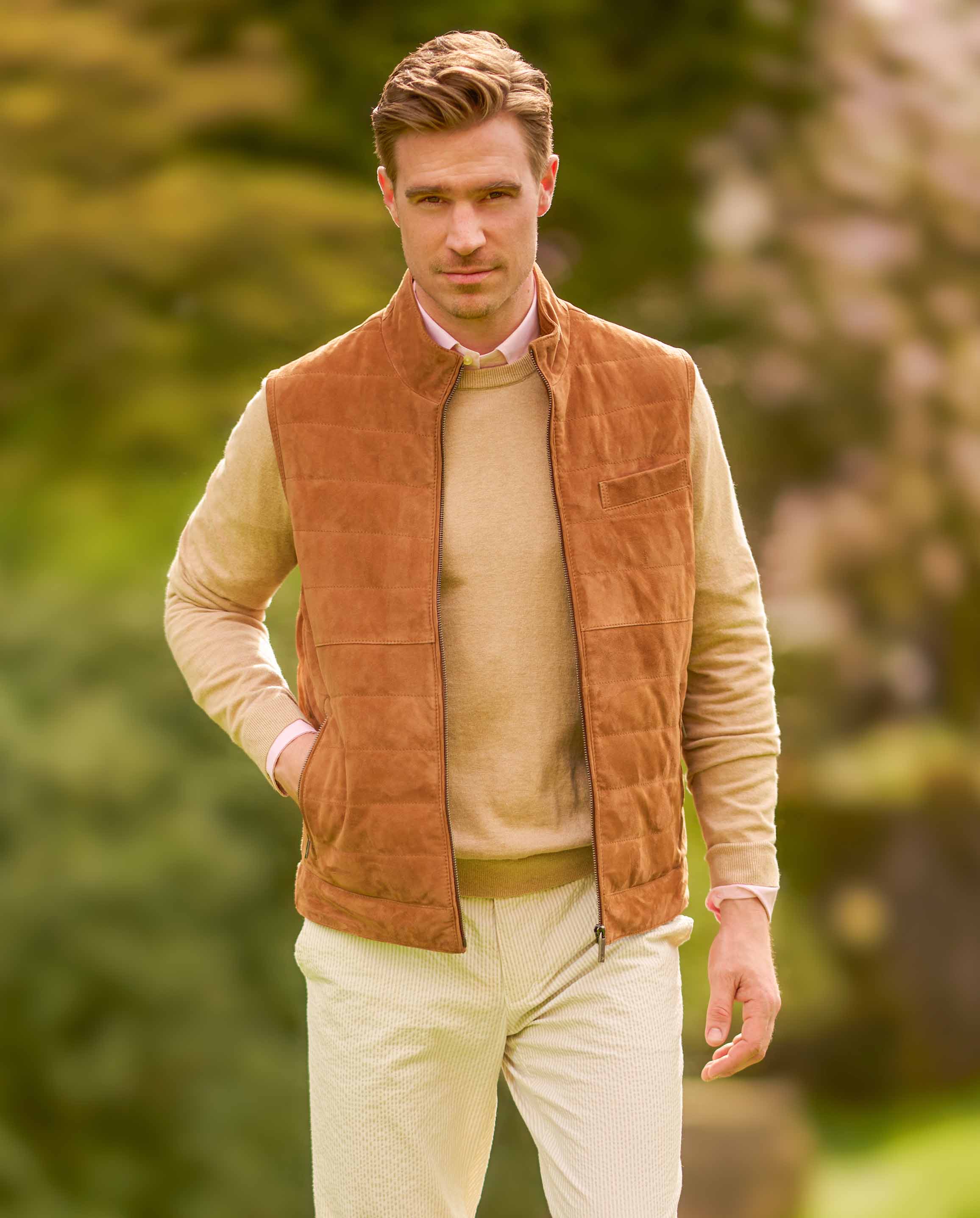 Men's leather waistcoat "Veikko" in cognac goatskin suede
