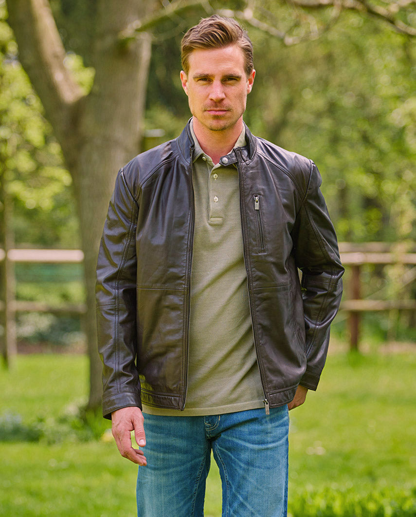 Men's "Brighton II" leather biker jacket in dark brown
