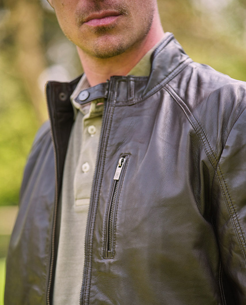 Men's "Brighton II" leather biker jacket in dark brown