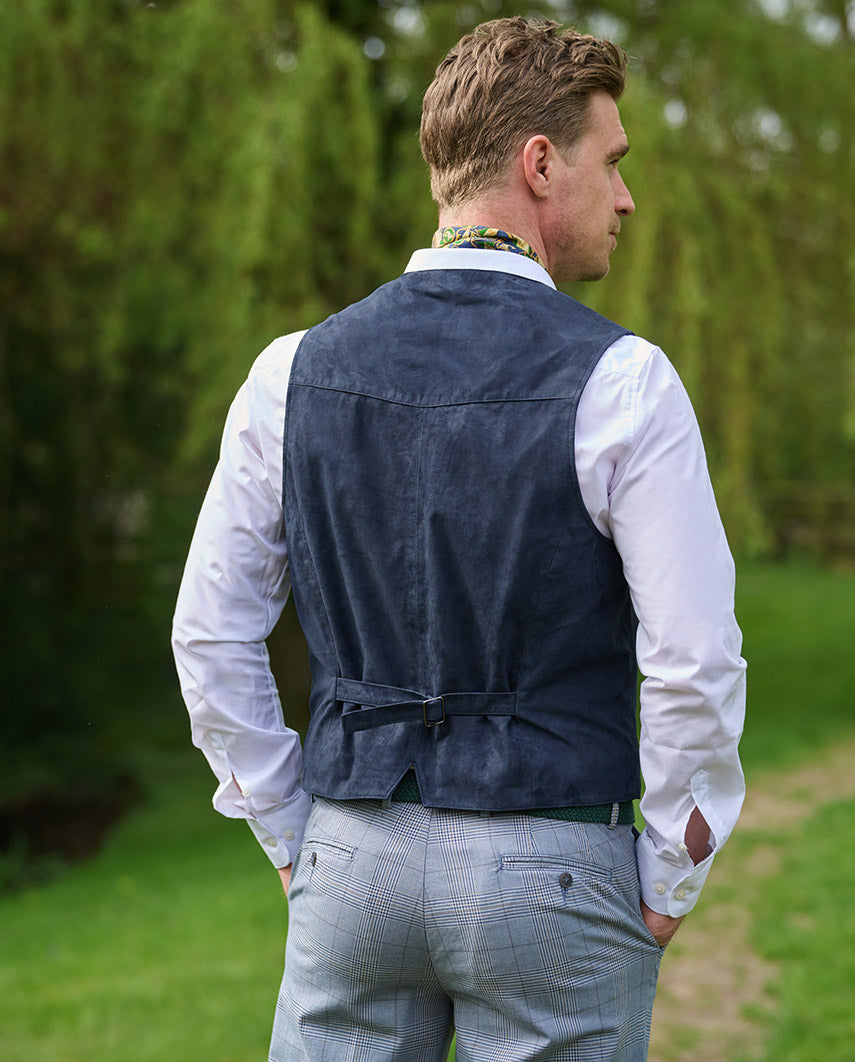 Men's leather waistcoat "Tailor" in super soft goat suede in denim blue
