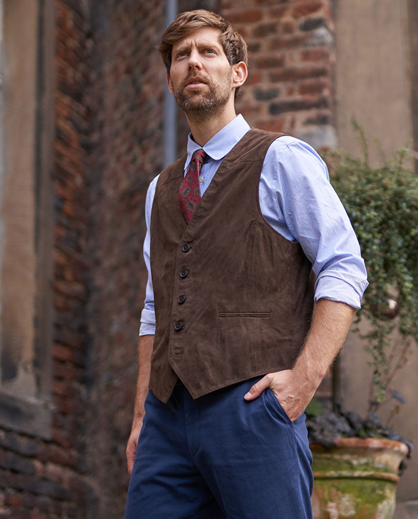 Men's Leather Vest "Tailor" Made of Super Soft Goat Suede in Brown