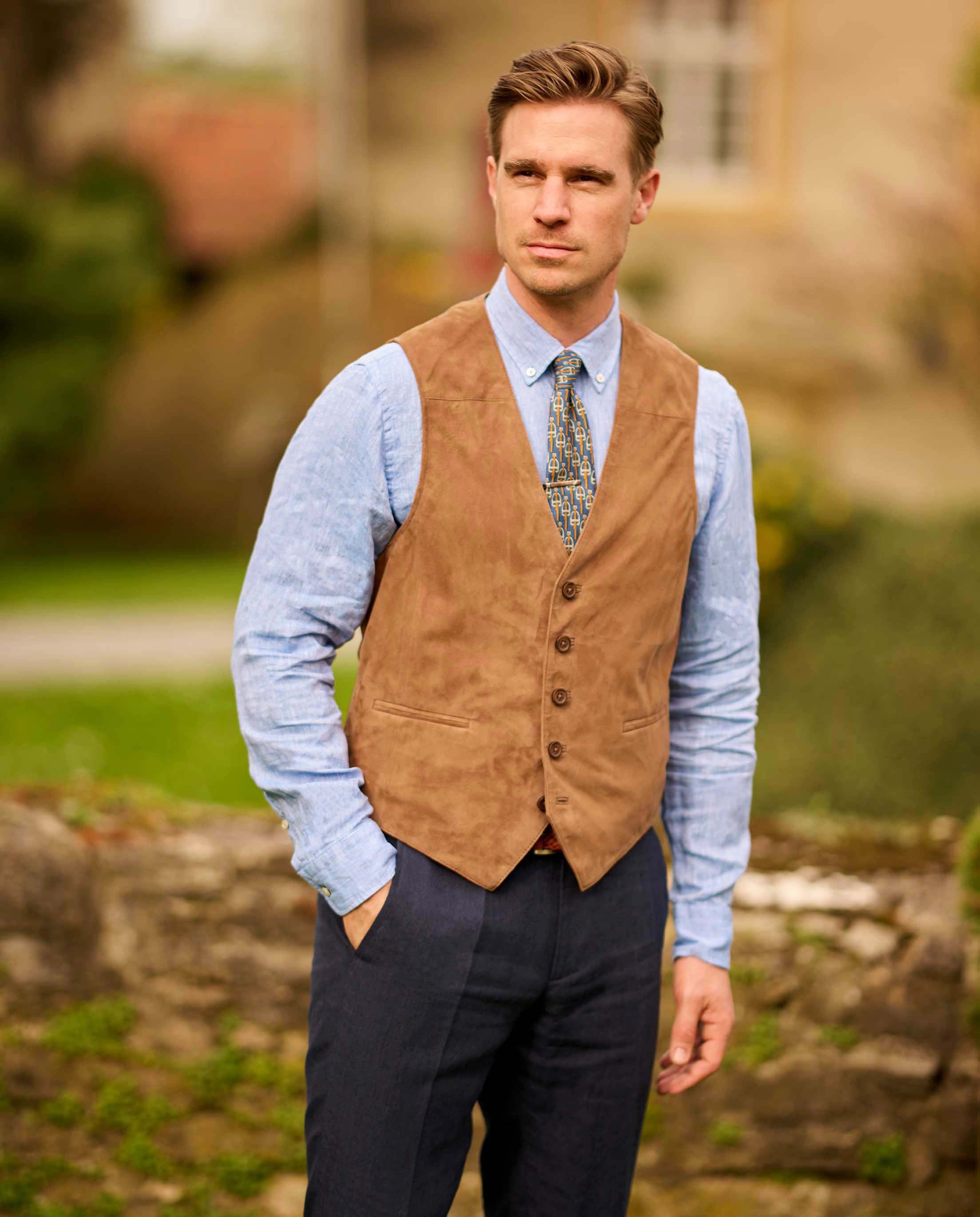 Men's leather waistcoat "Tailor" in super-soft cognac goatskin suede