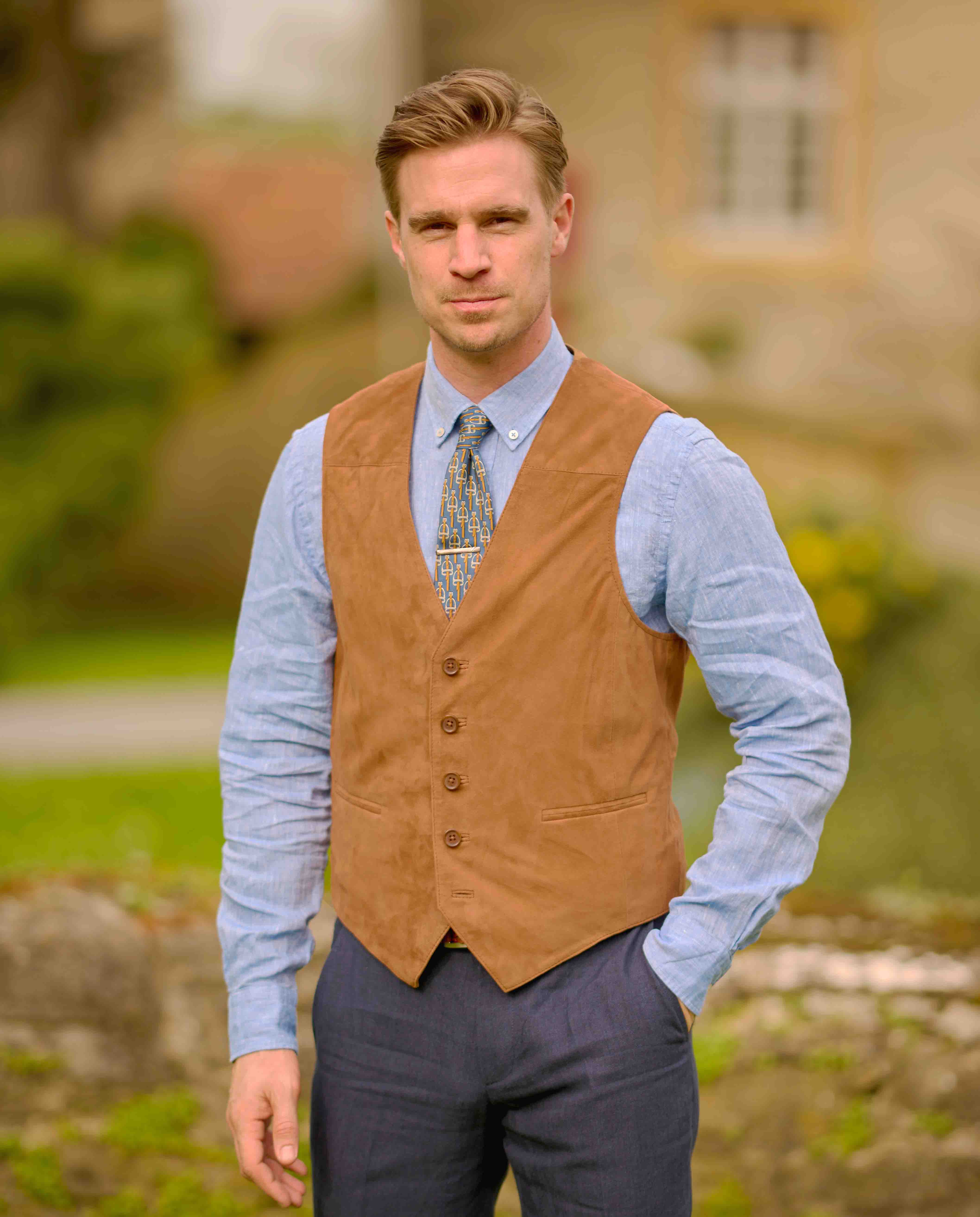 Men's leather waistcoat "Tailor" in super-soft cognac goatskin suede