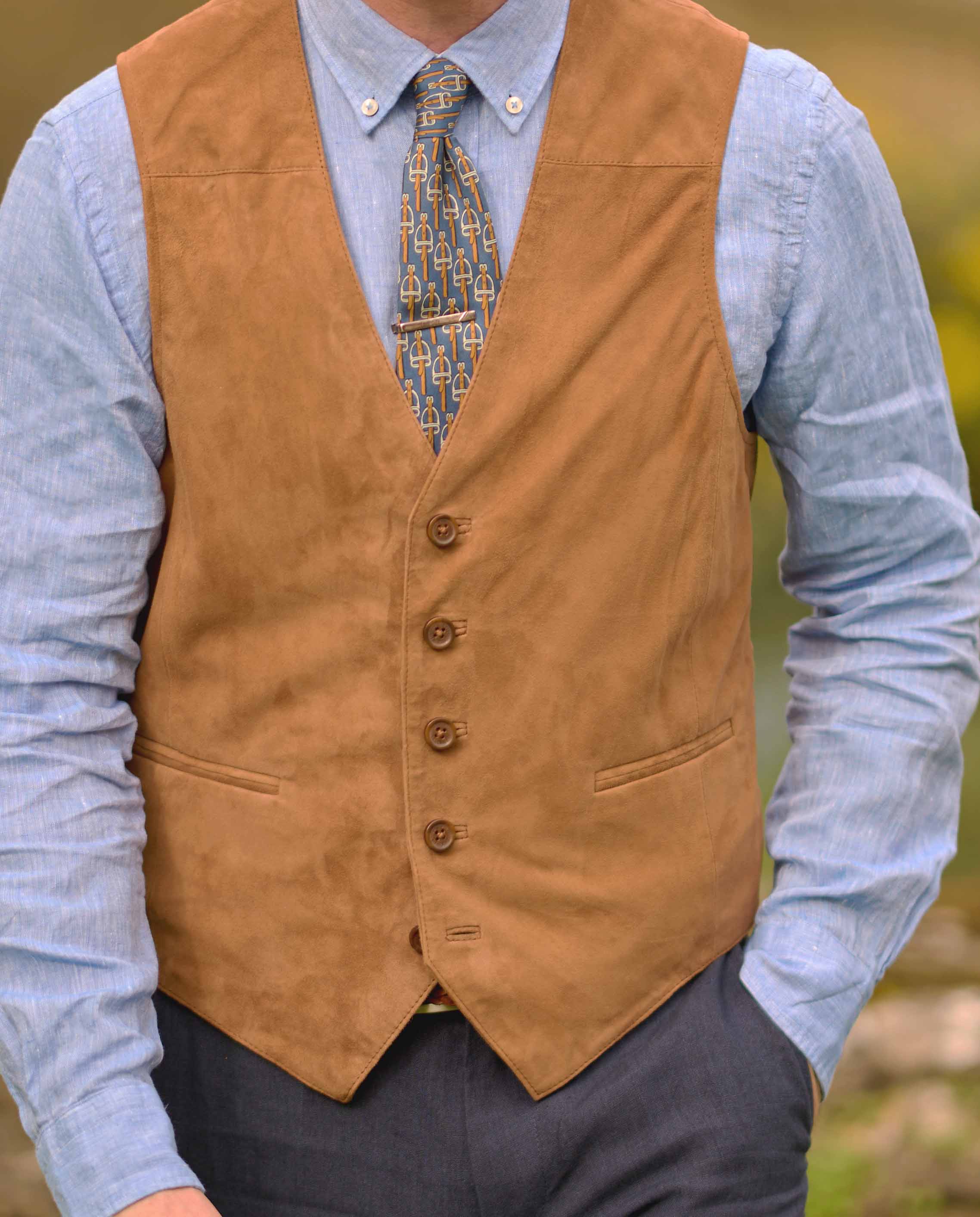 Men's leather waistcoat "Tailor" in super-soft cognac goatskin suede