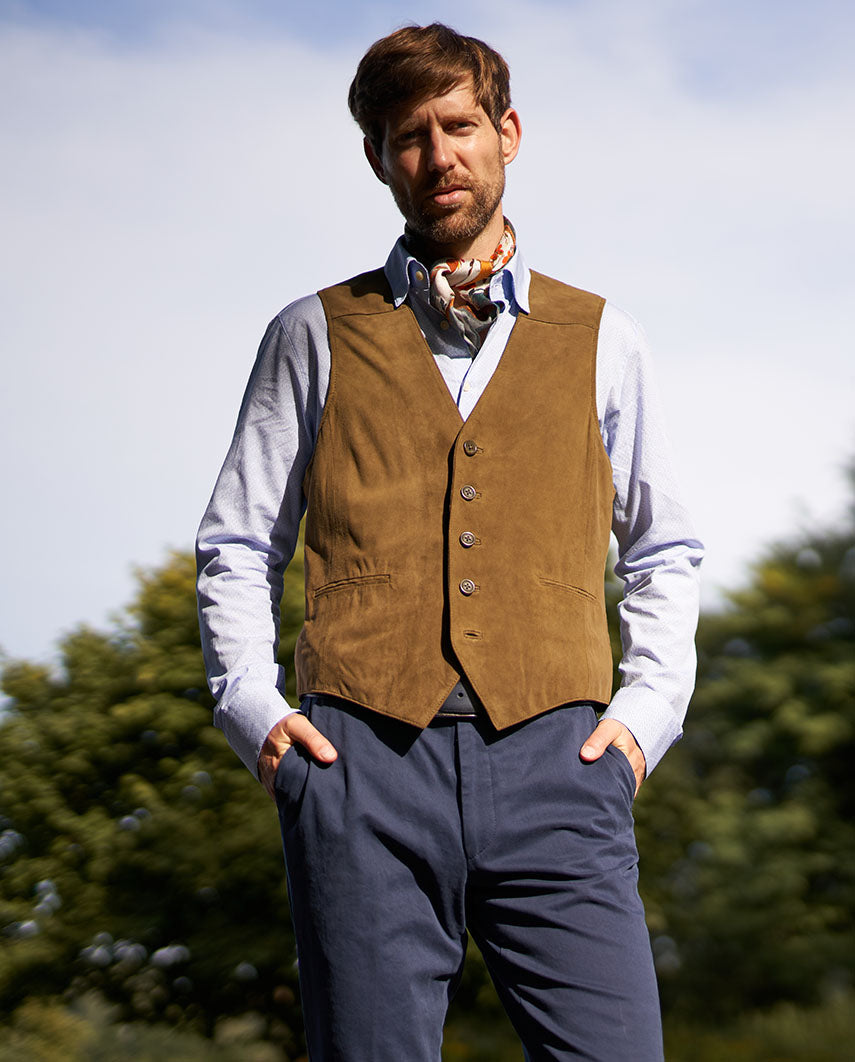 Men's leather waistcoat "Tailor" in super soft olive goatskin suede