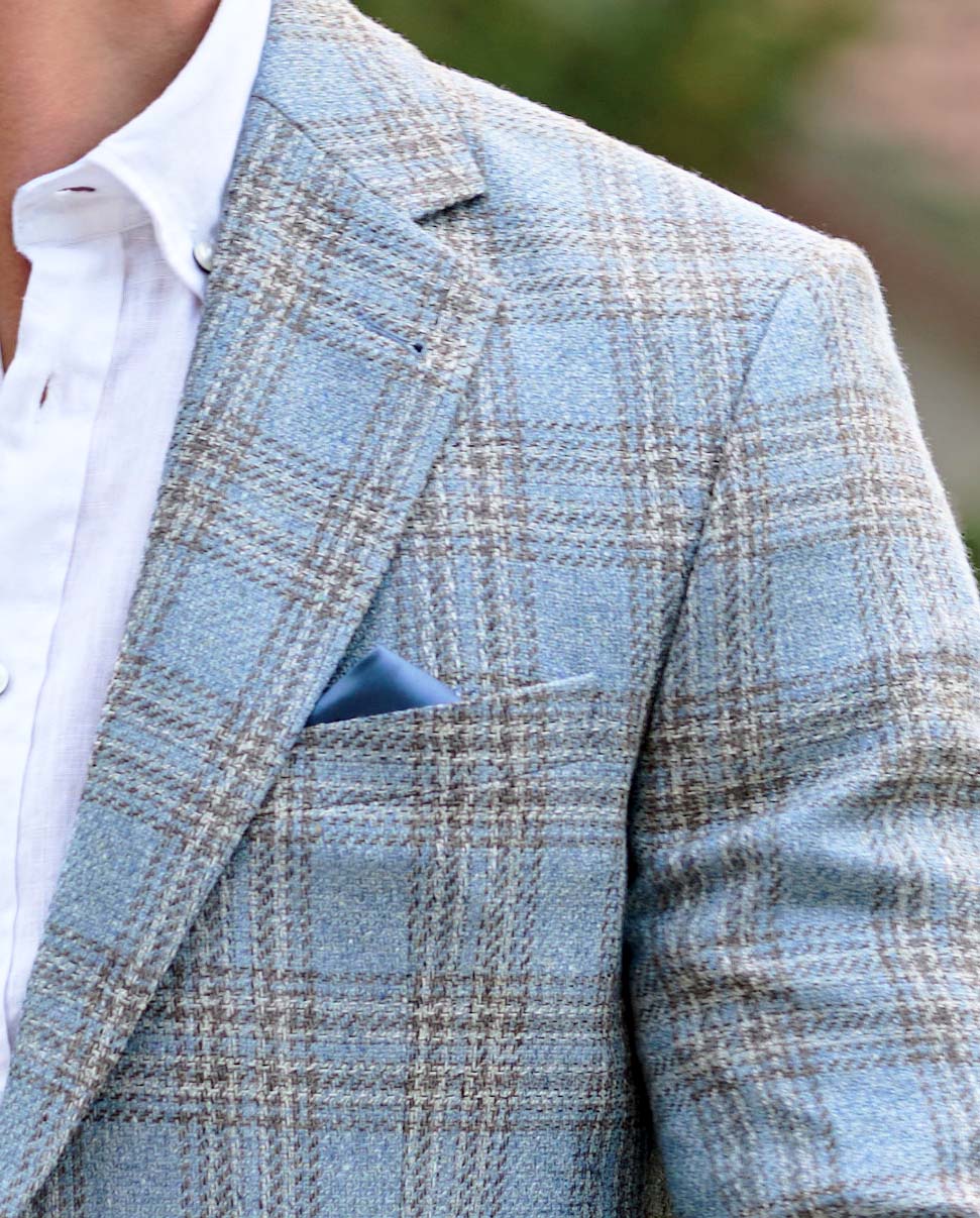 Lightweight summer blazer "London SO" made from virgin wool blend in light blue check