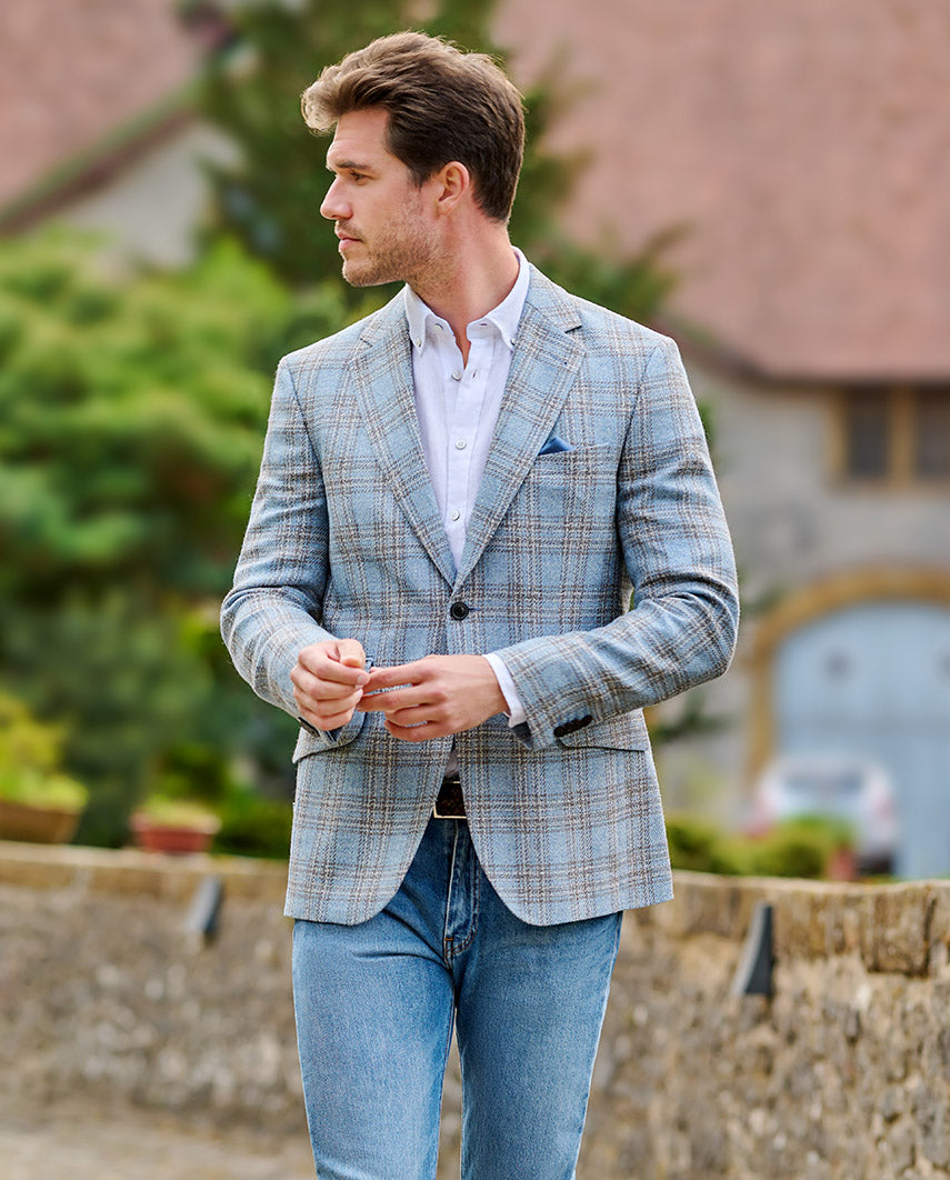 Leichtes Sommersakko ,,London SO'' aus Schurwoll-Mix in light blue check