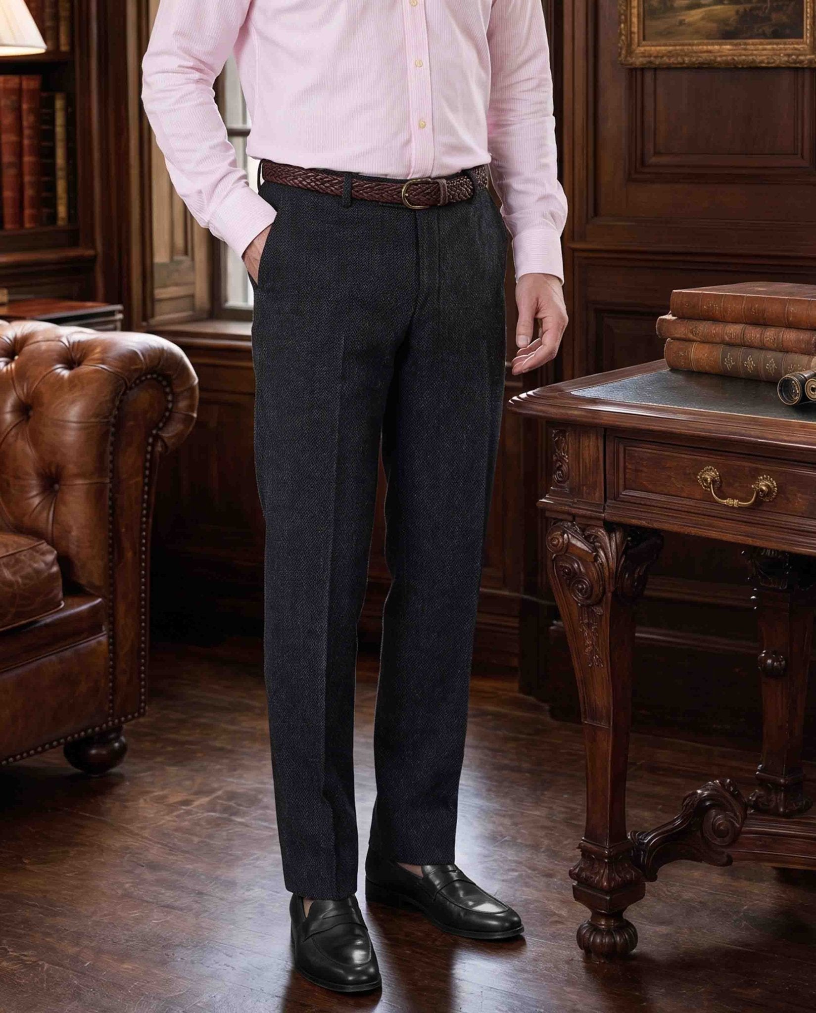 Harris Tweed Hose ''Mr. Miller " in charcoal - Wellington of Bilmore