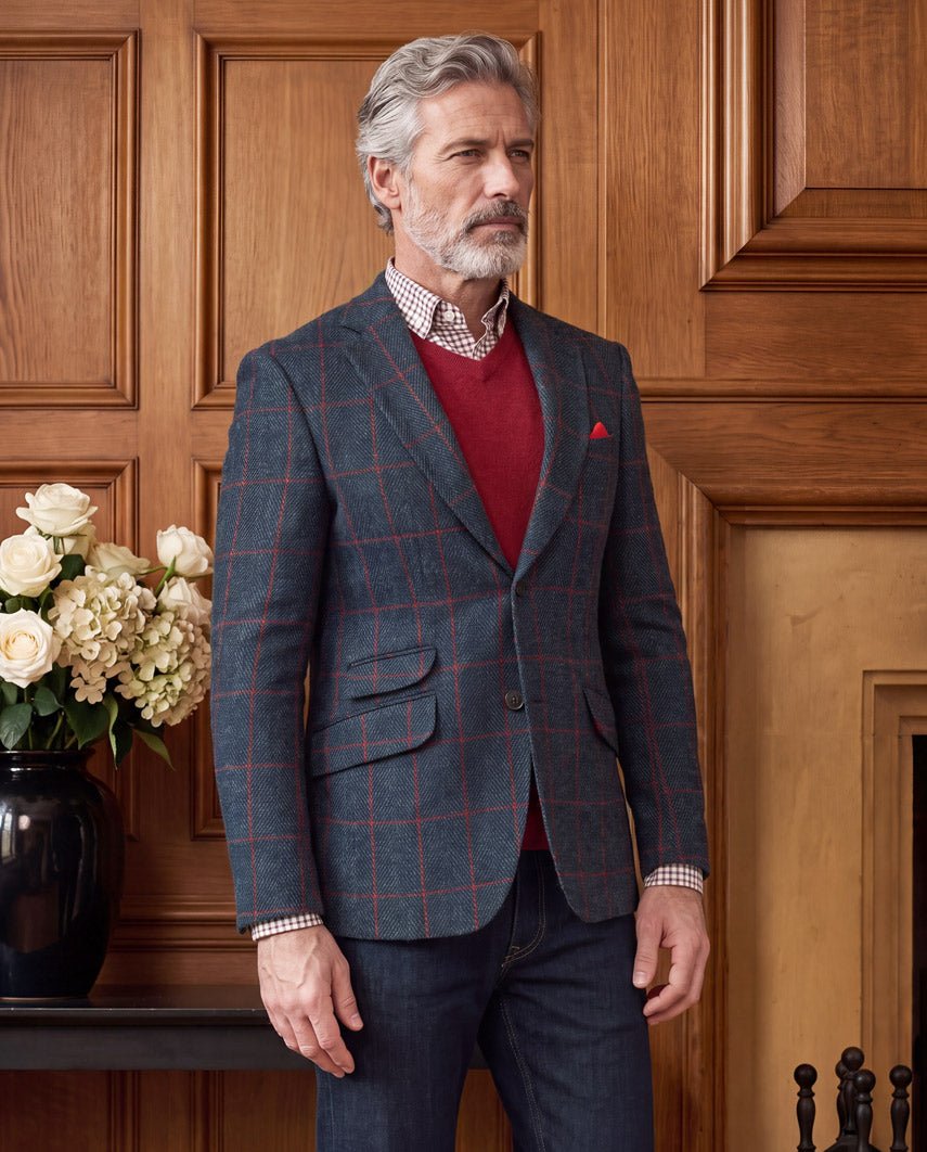Harris Tweed Sakko ''London'' in red overcheck - Wellington of Bilmore