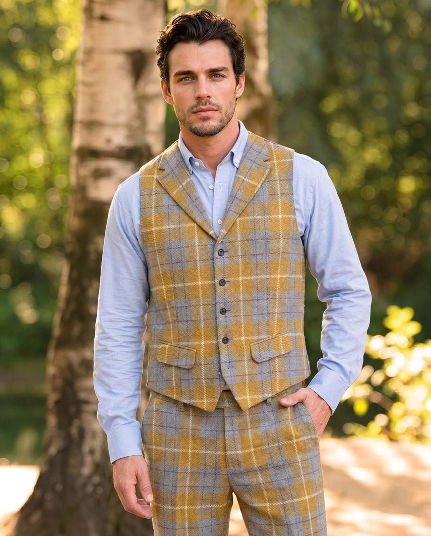Harris Tweed Weste "Wales" in amber check - Wellington of Bilmore