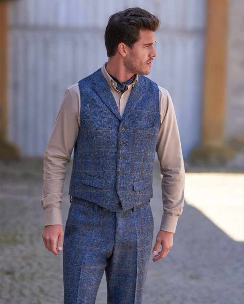 Harris Tweed Weste ''Wales'' in grey - blue herringbone - Wellington of Bilmore