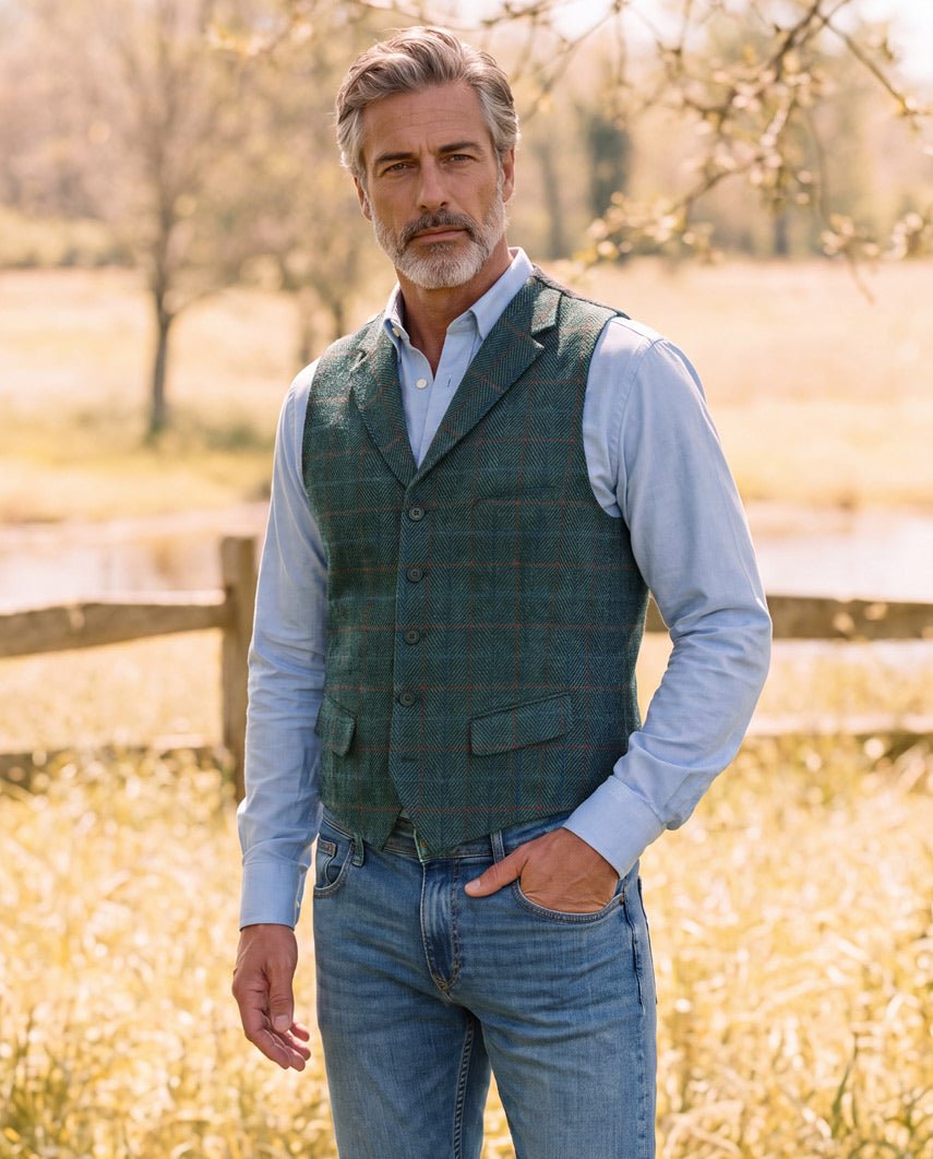 Harris Tweed Weste ''Wales'' in royal green Tweed - Wellington of Bilmore