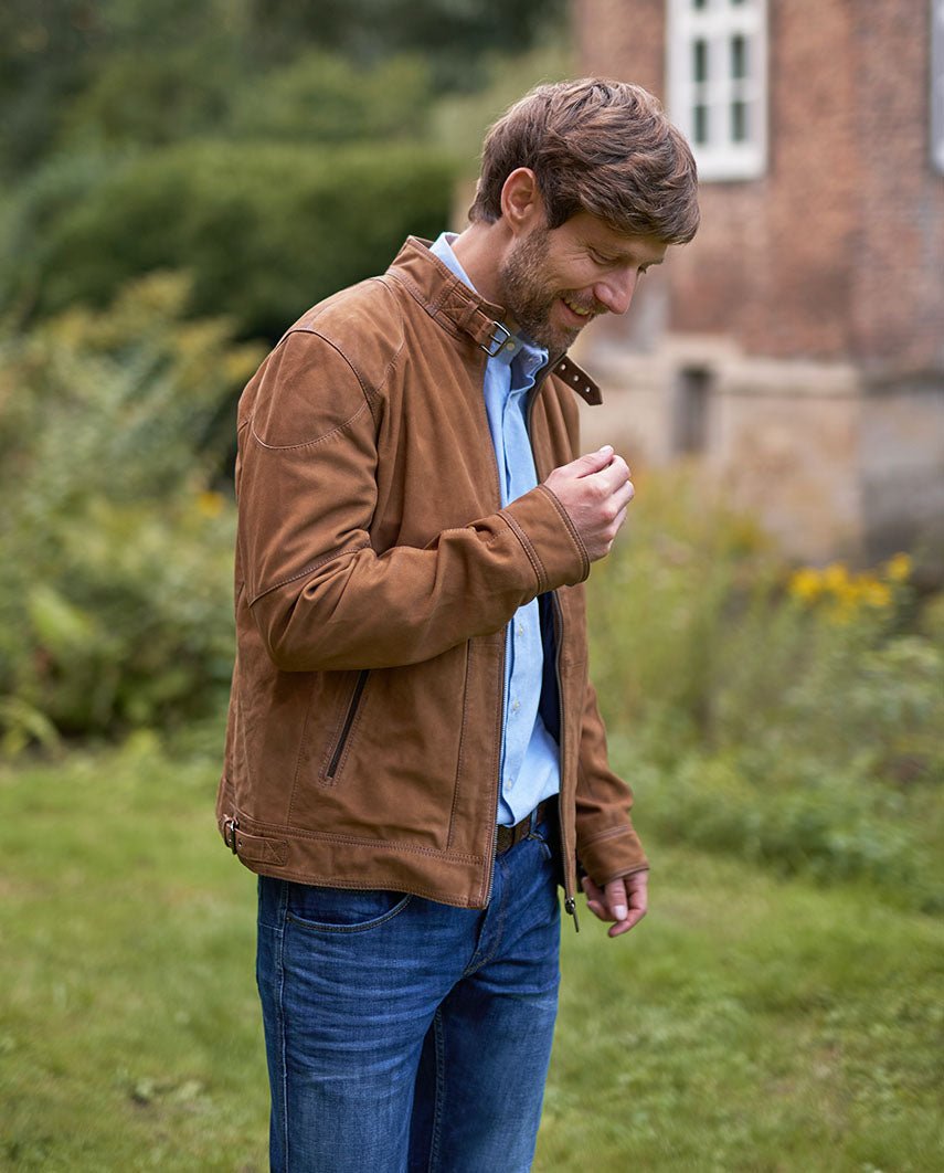 Herren Biker Lederjacke ''Belford SO'' aus Ziegenvelours in beige - Wellington of Bilmore