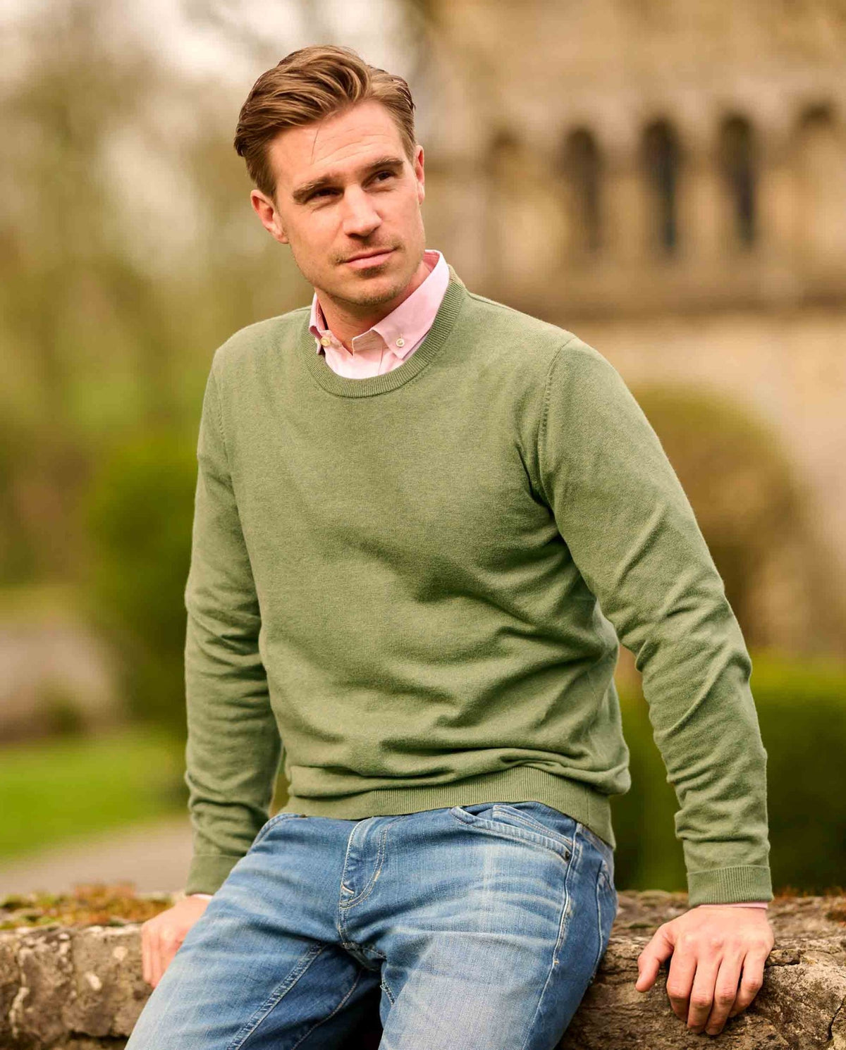 Herrenpullover Rundhals ''Till'' in sage - Wellington of Bilmore
