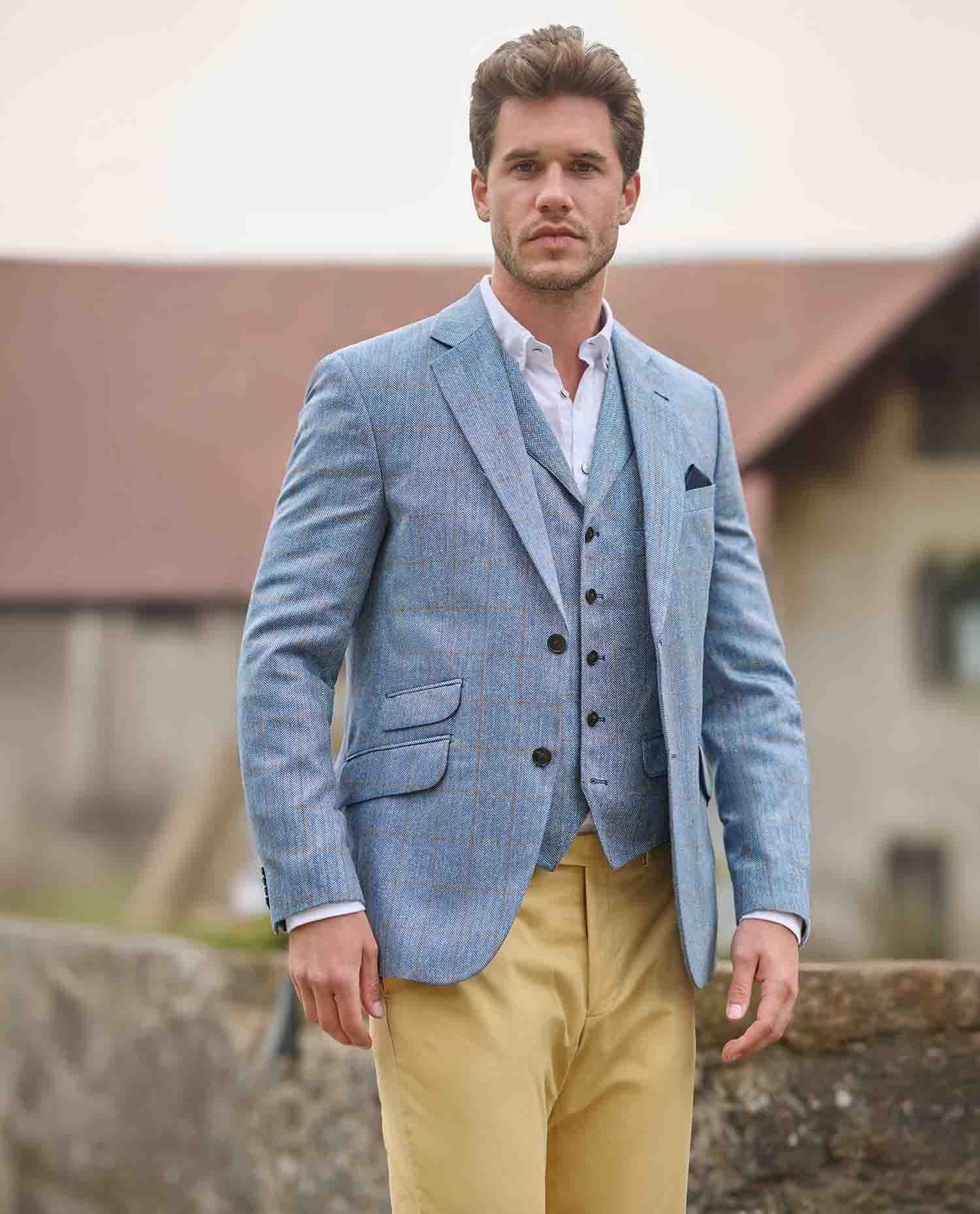 Sommersakko ,,London'' aus Seide in light blue check - Wellington of Bilmore
